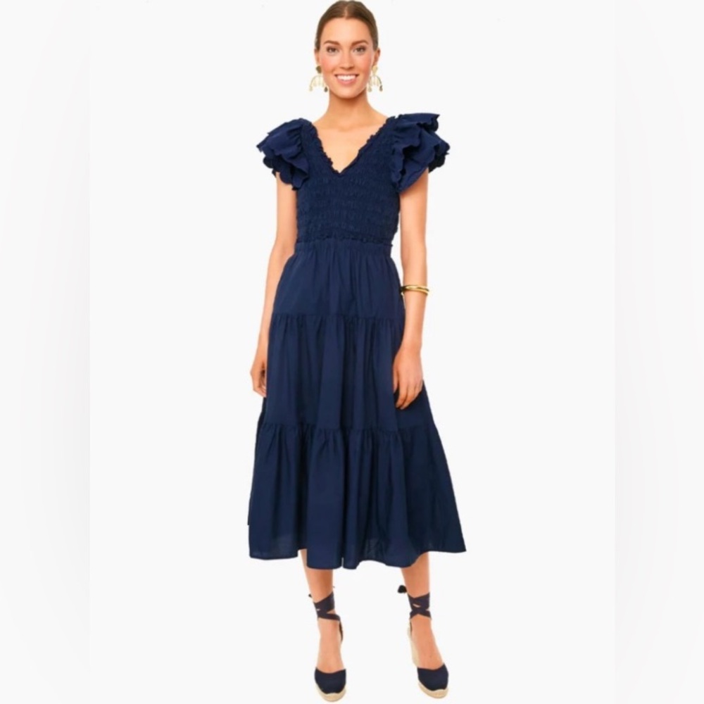 NWT Sea New York Heidi Heart Quilt Flutter Sleeve Smocked Navy Midi Dress, Sz 4